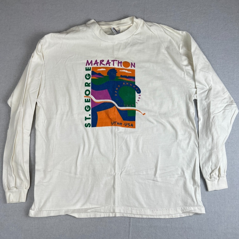 VTG 1998 St. George Utah Marathon Mens XL White Long Sleeve Shirt Hanes Beefy-T